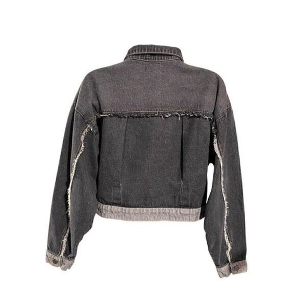 Shein Women’s Black Cropped Denim Jacket Small Distressed Frayed Hem Pockets - Picture 3 of 10